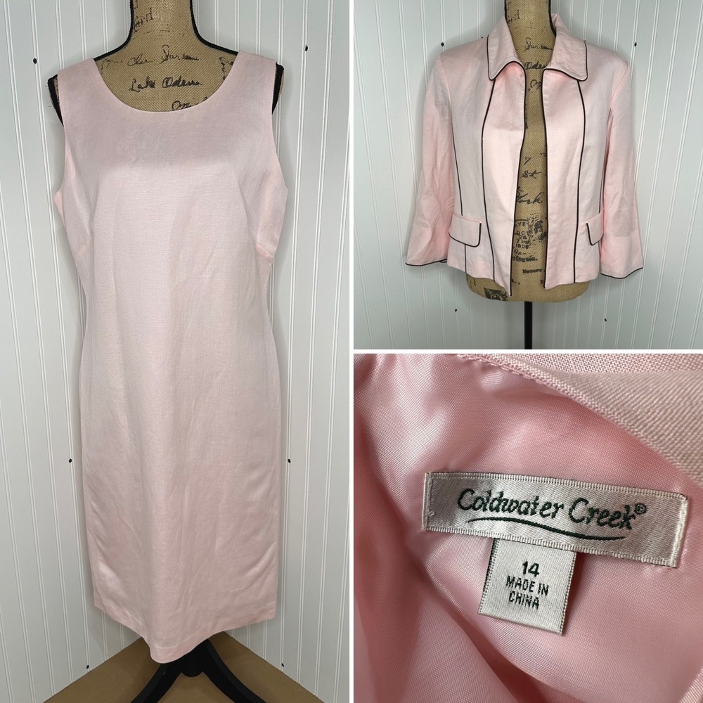 Coldwater Creek Pink Piped Jacket Dress Set Linen Blend Wedding Guest Sz 14 NEW
